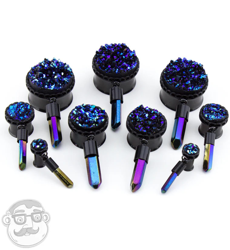Black Druzy Plugs with Hanging Crystal - Mrs Treak