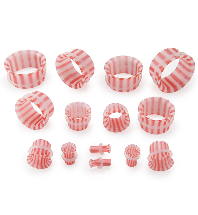 Red And White Striped Glass Single Flare Tunnels - Mrs Treak