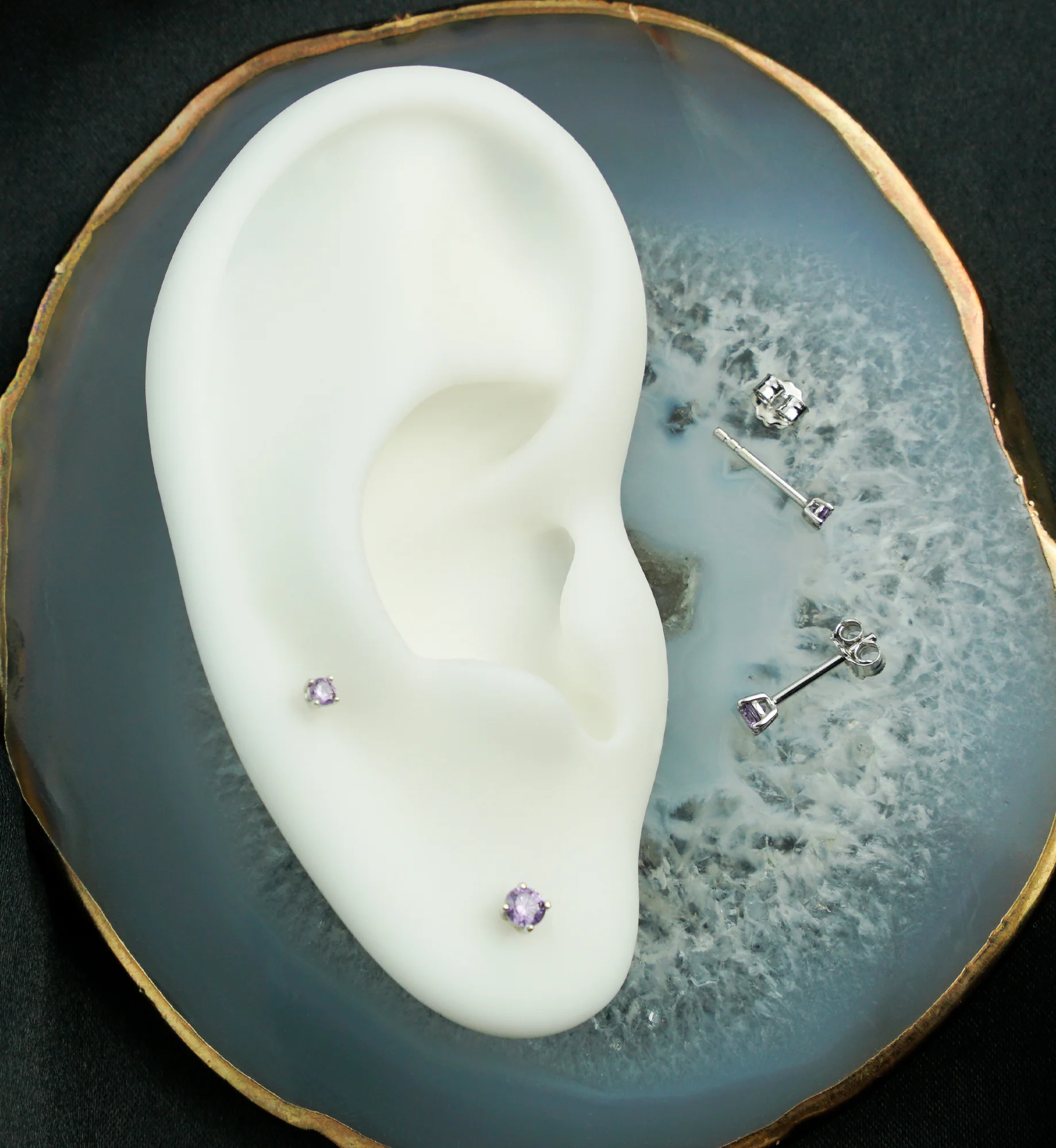 14kt White Gold February Birthstone Amethyst CZ Stud Earrings - Mrs Treak