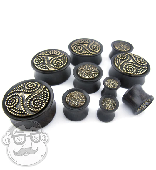 Ebony Wood Plugs With Brass Beaded Swirl Inlay - Mrs Treak