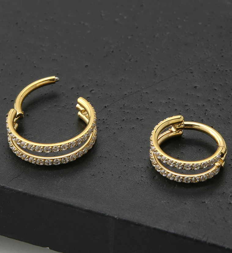24kt Gold PVD Double Interval CZ Row Titanium Hinged Segment Ring - Mrs Treak