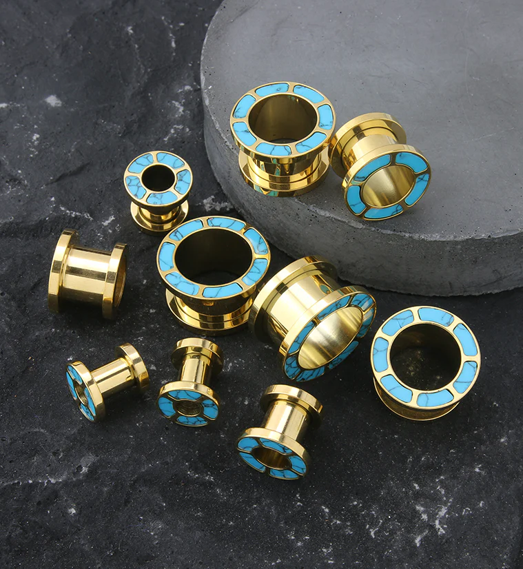 Gold PVD Howlite Turquoise Rim Stainless Steel Tunnel Plugs - Mrs Treak