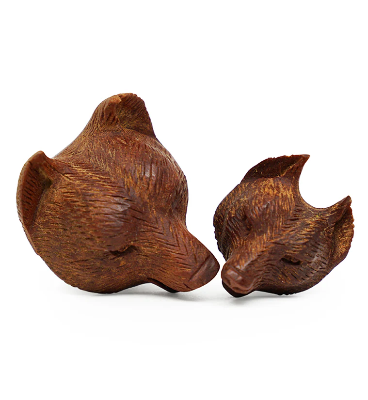 Carved Wolf Wood Plugs - Mrs Treak