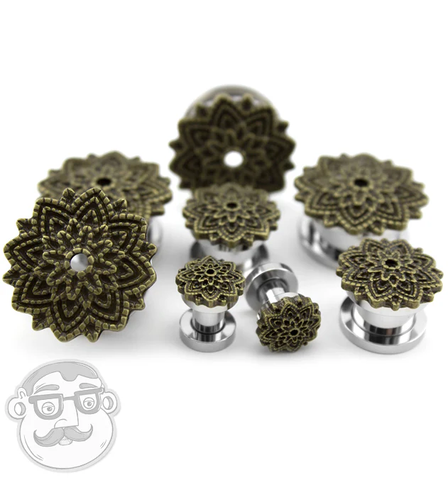 Brass Camellia Flower Top Stainless Steel Plugs - Mrs Treak