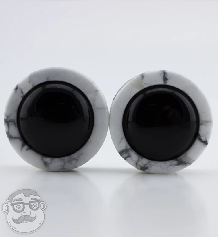 White Howlite Stone Plugs with Obsidian Stone Inlay - Mrs Treak