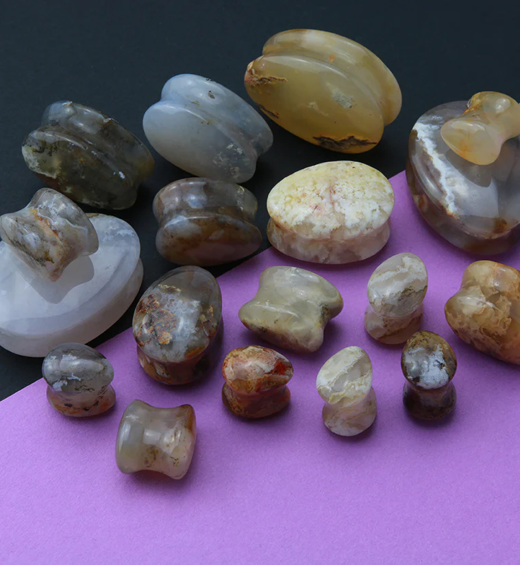 Graveyard Point Plume Agate Teardrop Stone Plugs - Mrs Treak