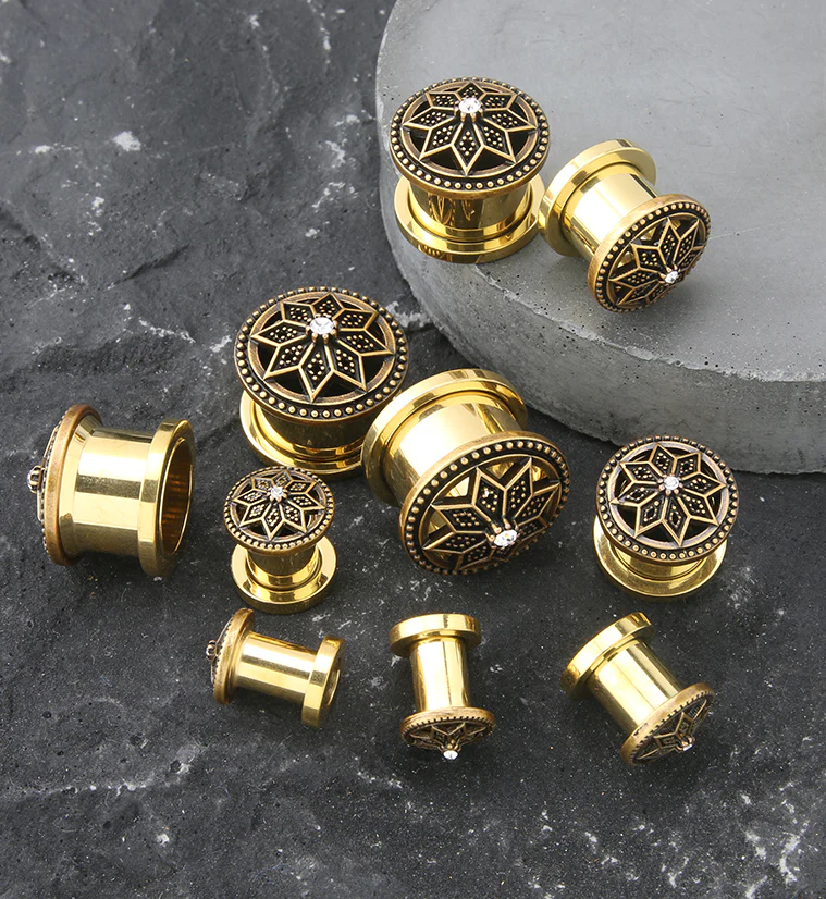 Gold PVD Relic Flower CZ Stainless Steel Tunnel Plugs - Mrs Treak