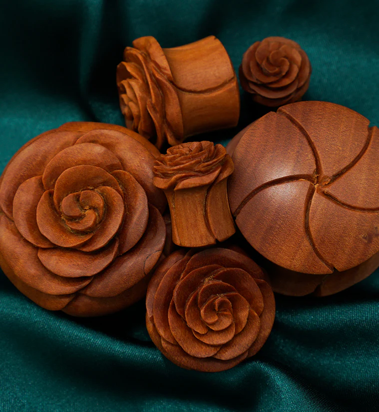 Carved Rosebud Saba Wood Plugs - Mrs Treak