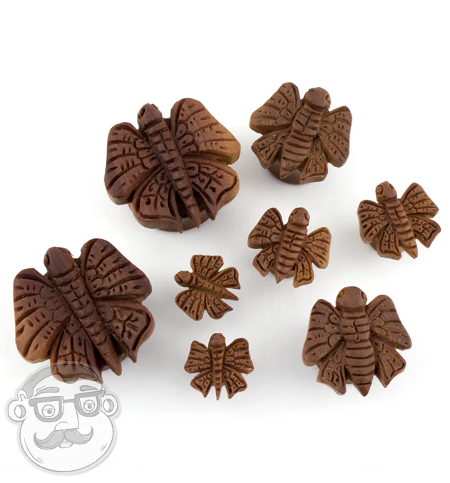 Carved Butterfly Saba Wood Plugs - Mrs Treak