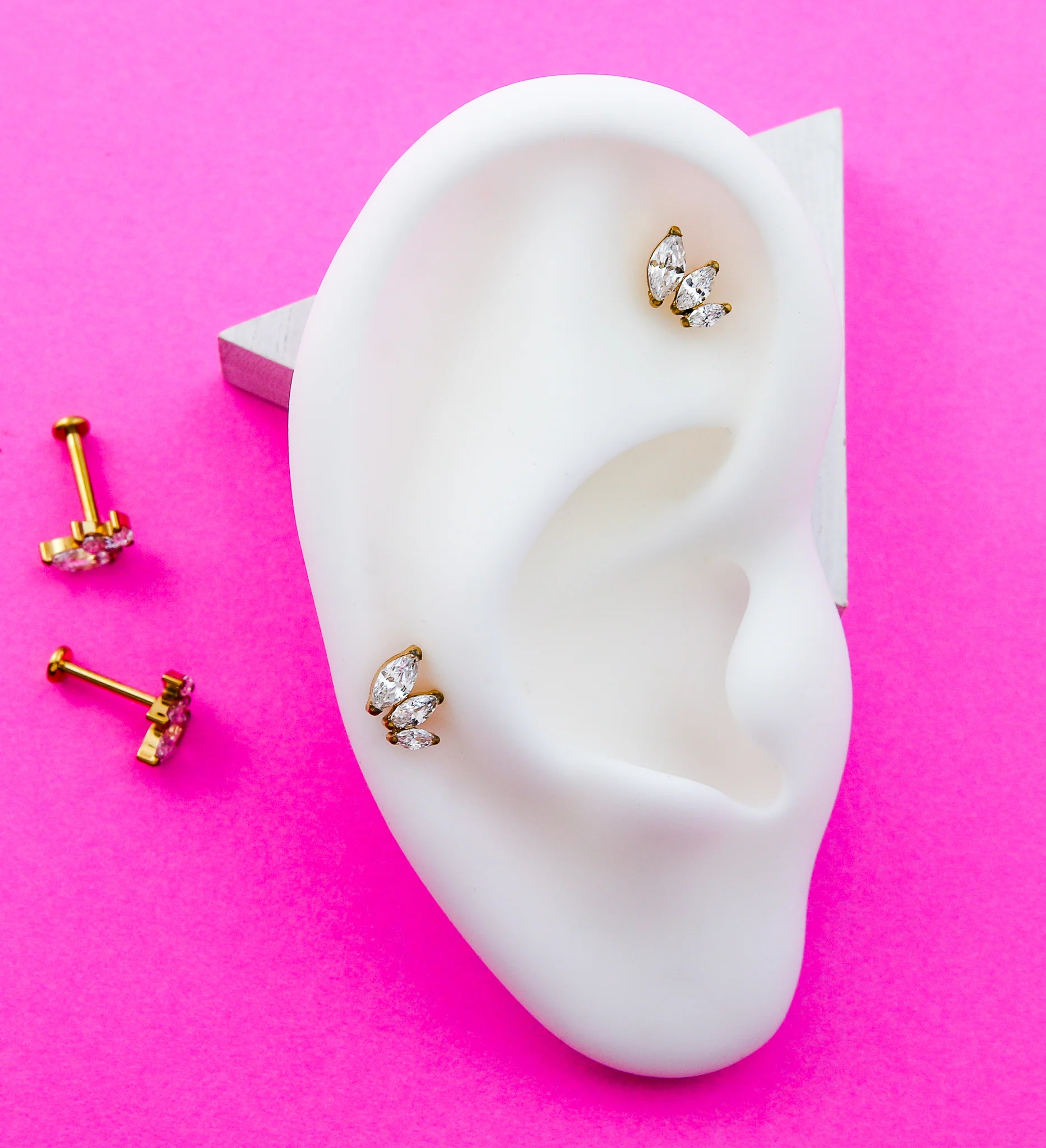 Gold PVD Triple Marquise Clear CZ Titanium Threadless Labret - Mrs Treak