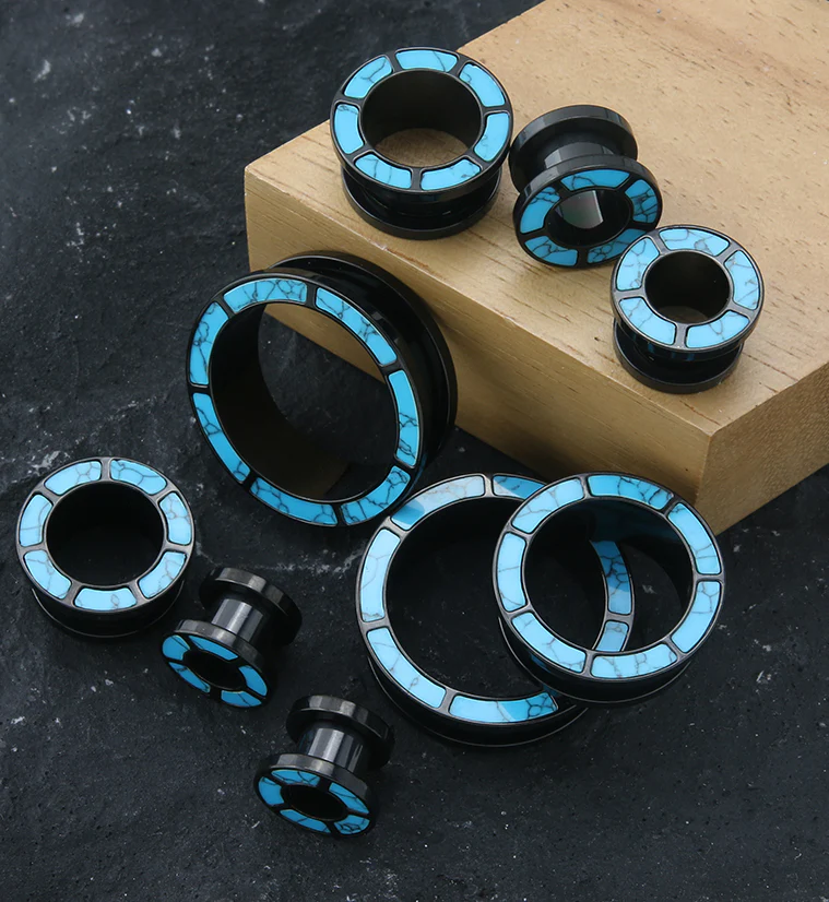 Black PVD Howlite Turquoise Rim Stainless Steel Tunnel Plugs - Mrs Treak