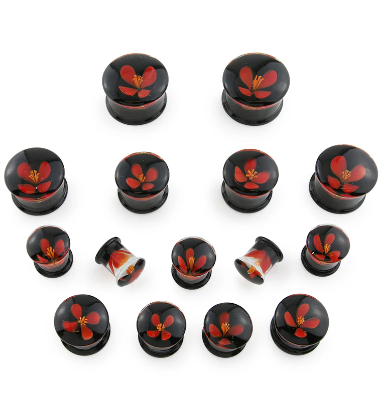 Red Poppy Flower Black Glass Double Flare Plugs - Mrs Treak