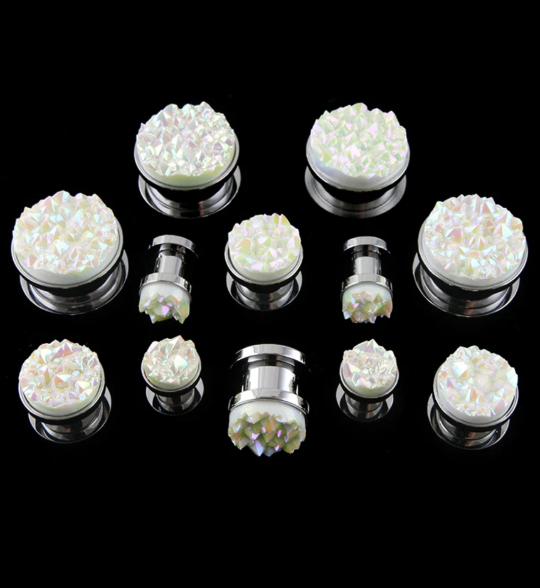 White Druzy Stone Stainless Steel Plugs - Mrs Treak