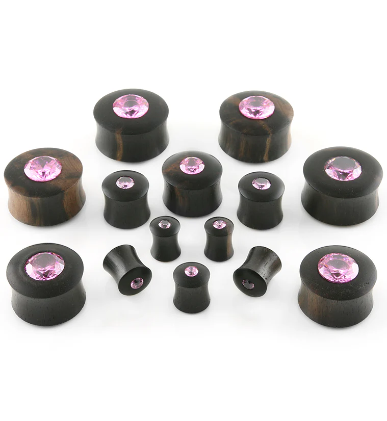 Areng Wood Plugs With Pink CZ Gem Inlay - Mrs Treak