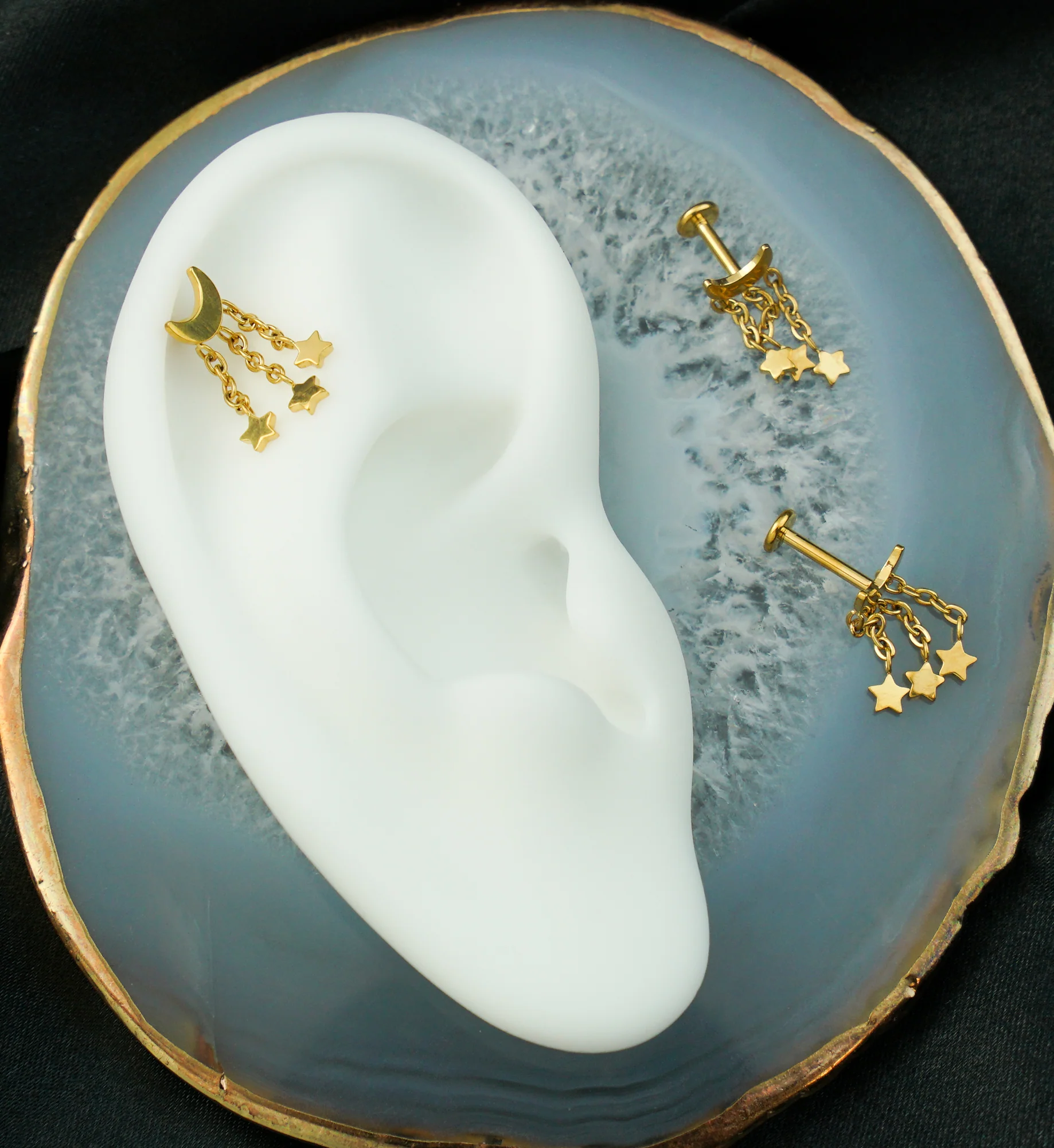 Gold PVD Half Moon Triple Dangle Star Internally Threaded Titanium Labret - Mrs Treak