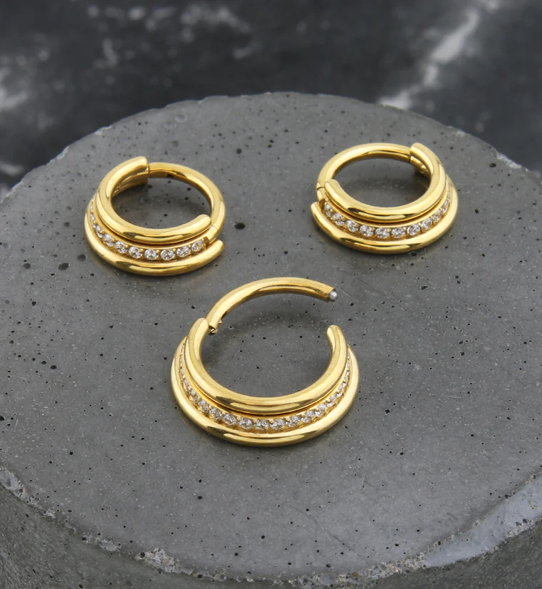 Gold PVD Center Clear CZ Row Hinged Stainless Steel Segment Ring - Mrs Treak