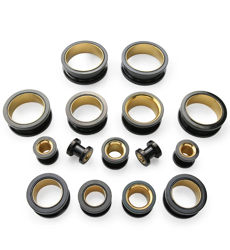 Black and Gold PVD Stainless Steel Screw Back Tunnels - Mrs Treak