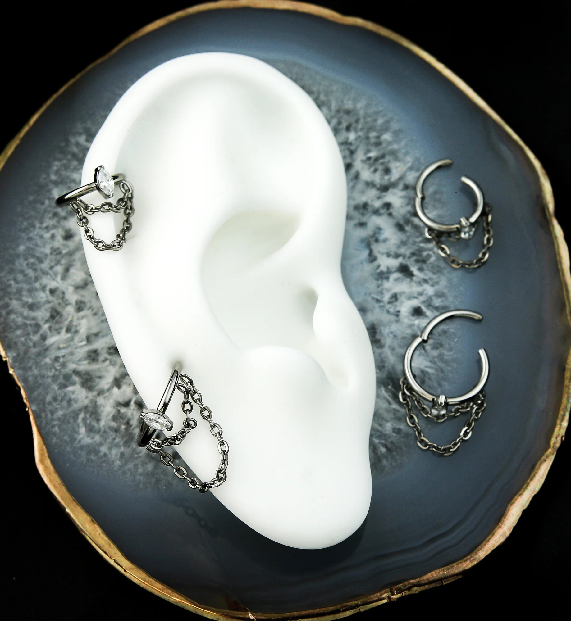 Outward Marquise CZ Double Dangle Chain Stainless Steel Hinged Segment Ring - Mrs Treak