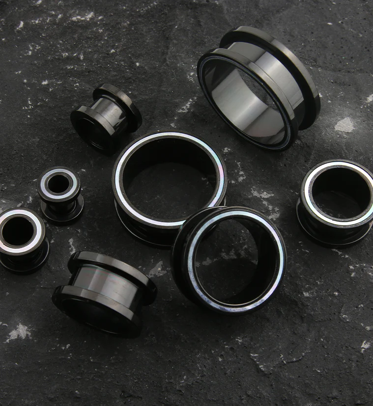 Black PVD MOP Rim Stainless Steel Tunnel Plugs - Mrs Treak