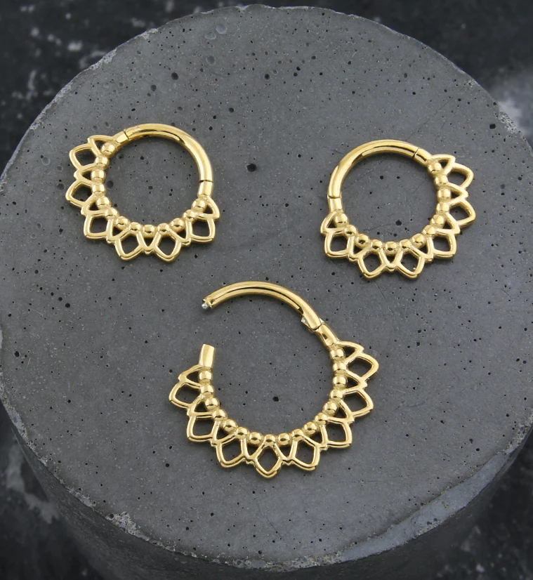 Gold PVD Beaded Sunflower Stainless Steel Hinged Segment Ring - Mrs Treak