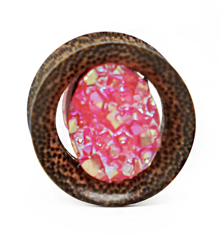 Coconut Wood Tunnels With Pink Druzy Stone Inlay - Mrs Treak