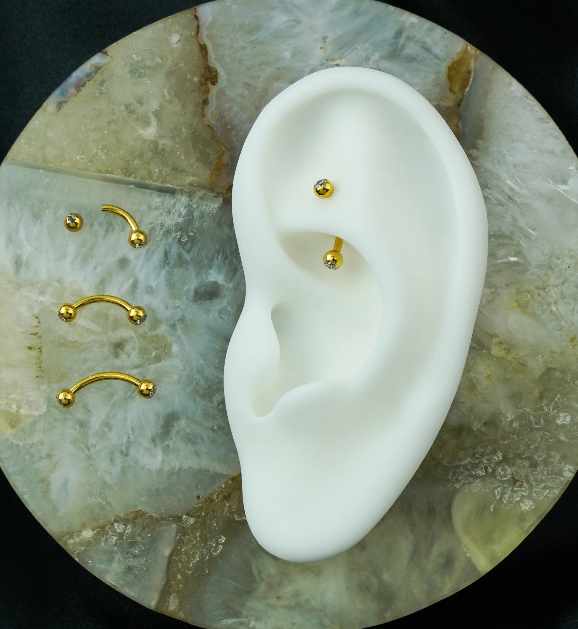 Gold PVD Internally Threaded Titanium Double CZ Curved Barbell - Mrs Treak