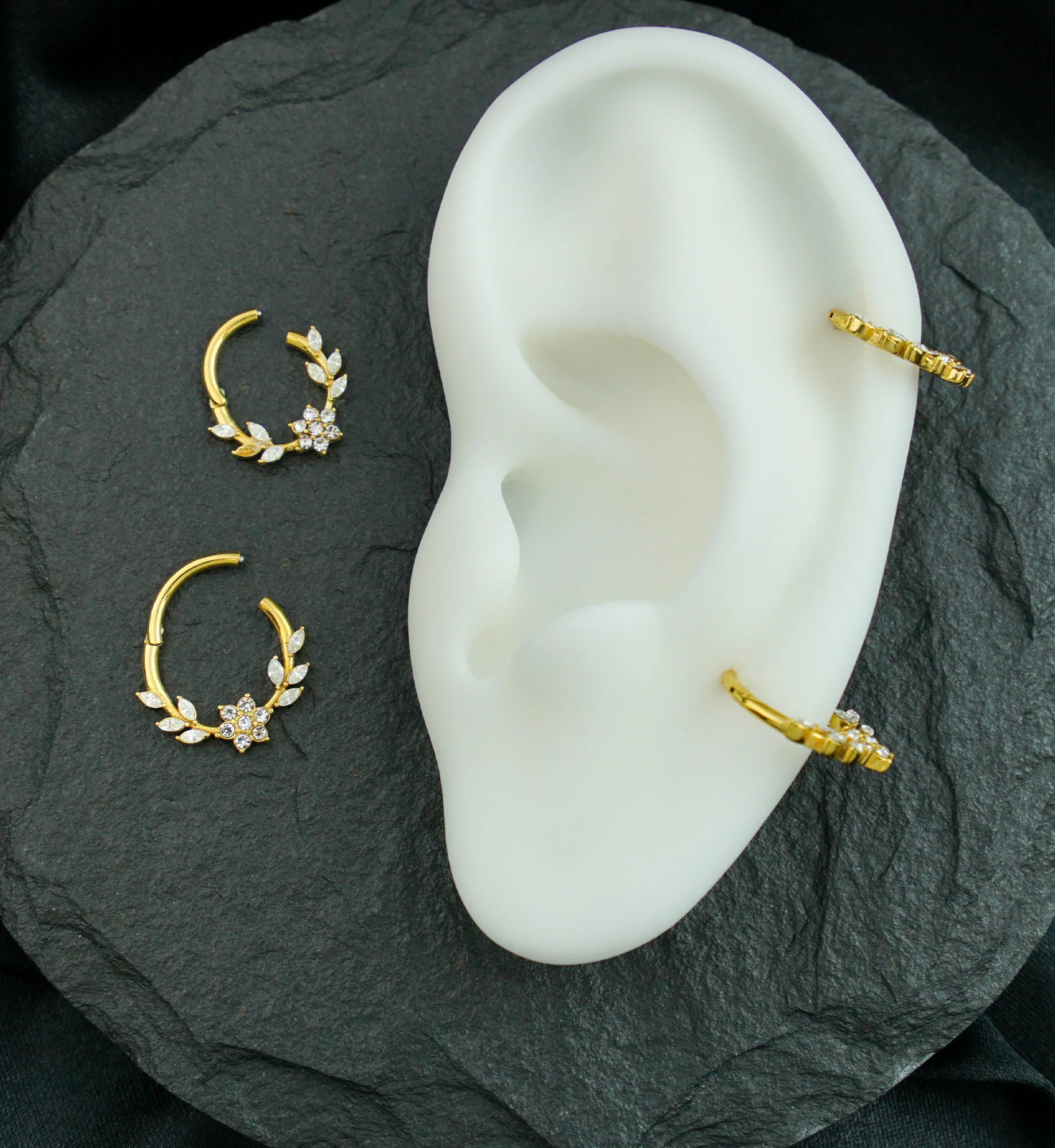 Gold PVD Laurel Flower Clear CZ Stainless Steel Hinged Segment Ring - Mrs Treak