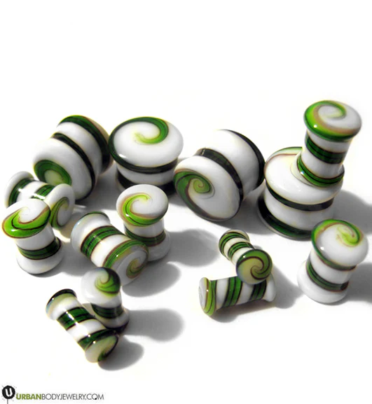 Green & White Swirl Glass Plugs - Mrs Treak