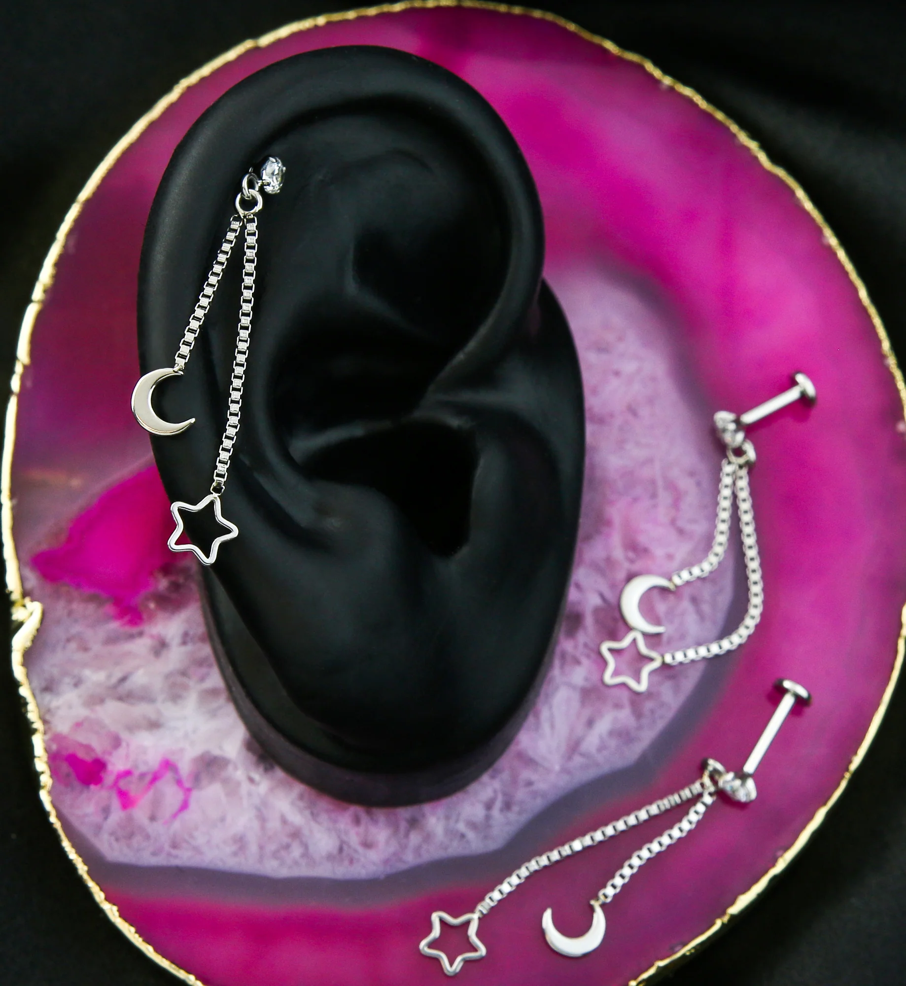 Double Dangle Moon And Star Clear CZ Stainless Steel Internally Threaded Labret - Mrs Treak