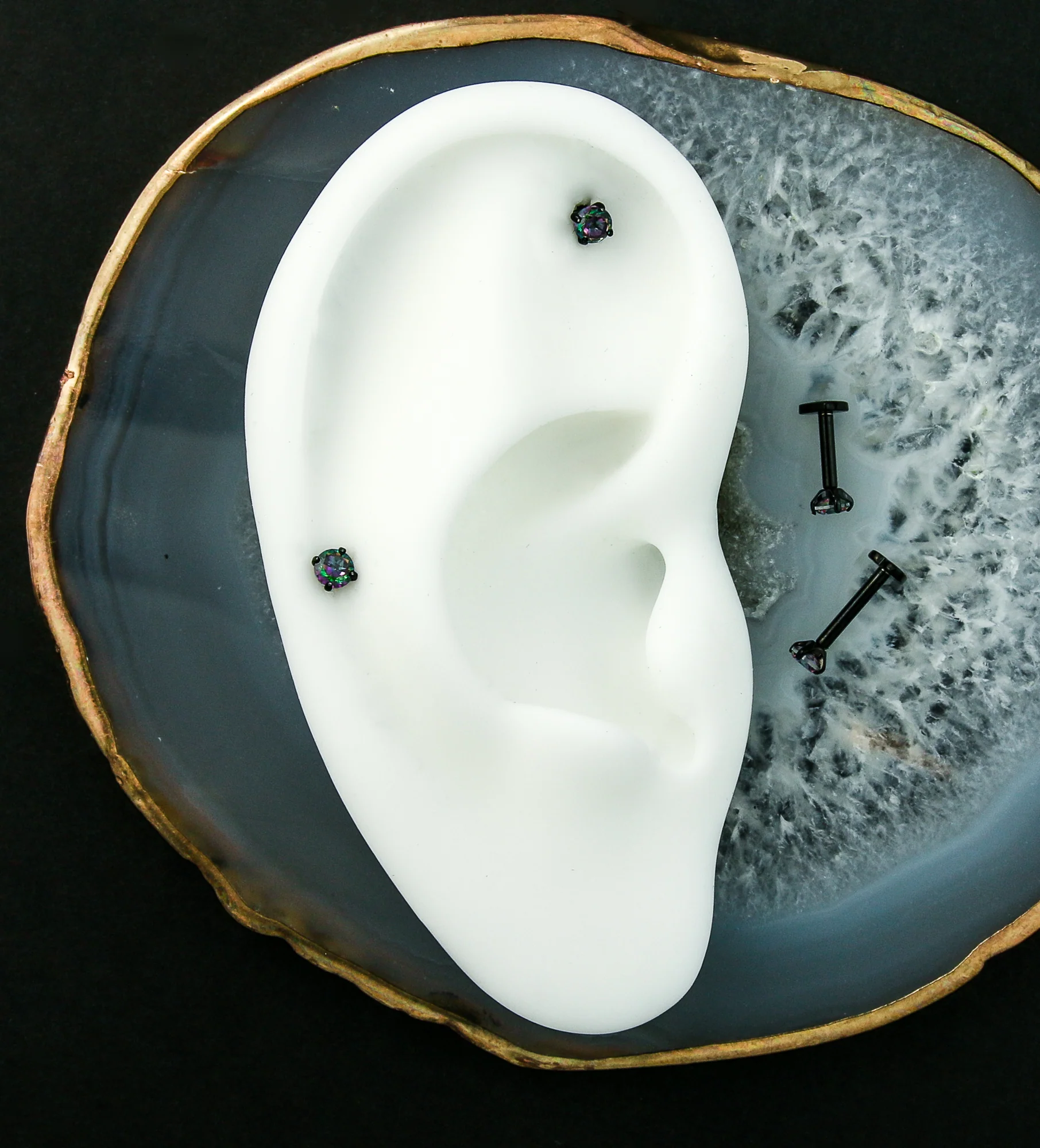 Prong Black Aurora CZ Internally Threaded Titanium Heart Disk Labret - Mrs Treak