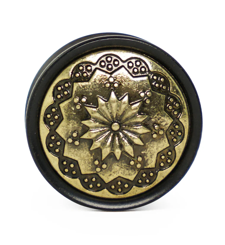 Ebony Wood Plugs With Brass Tribal Blossom Inlay - Mrs Treak