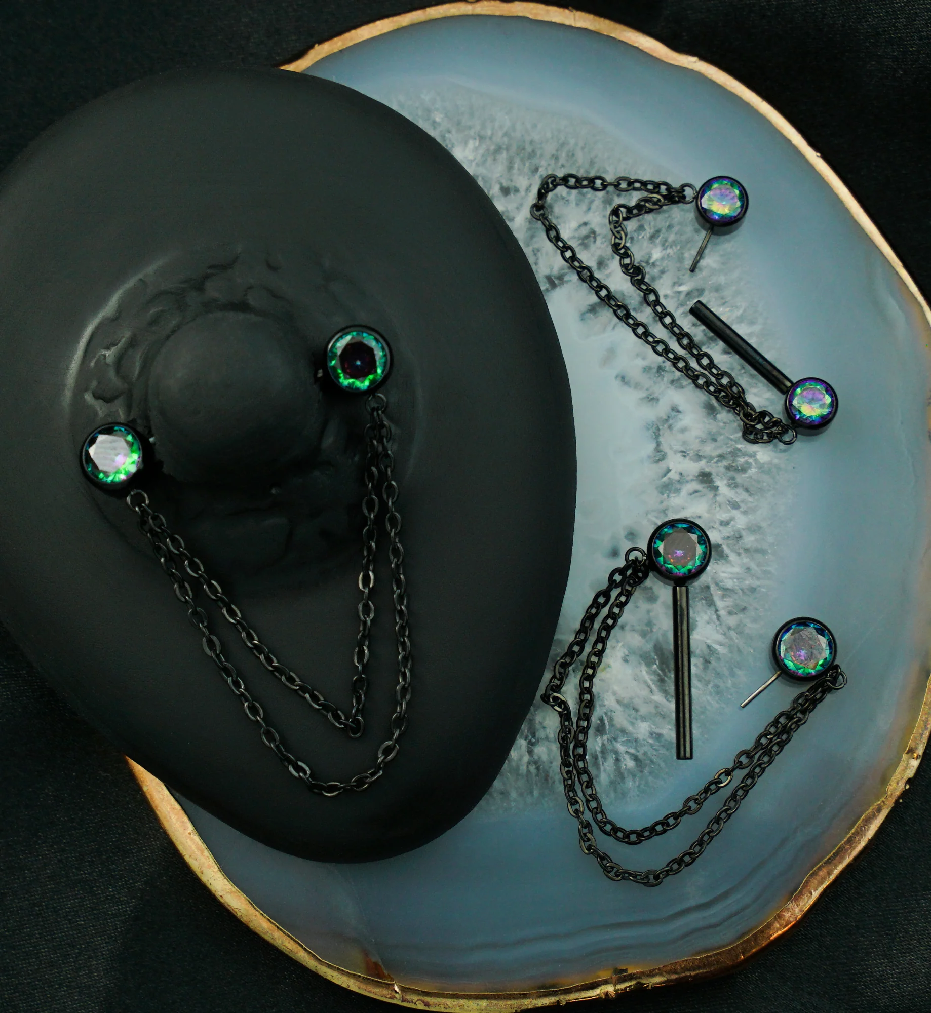 Black PVD Front Facing Black Aurora CZ Double Dangle Threadless Titanium Nipple Barbell - Mrs Treak