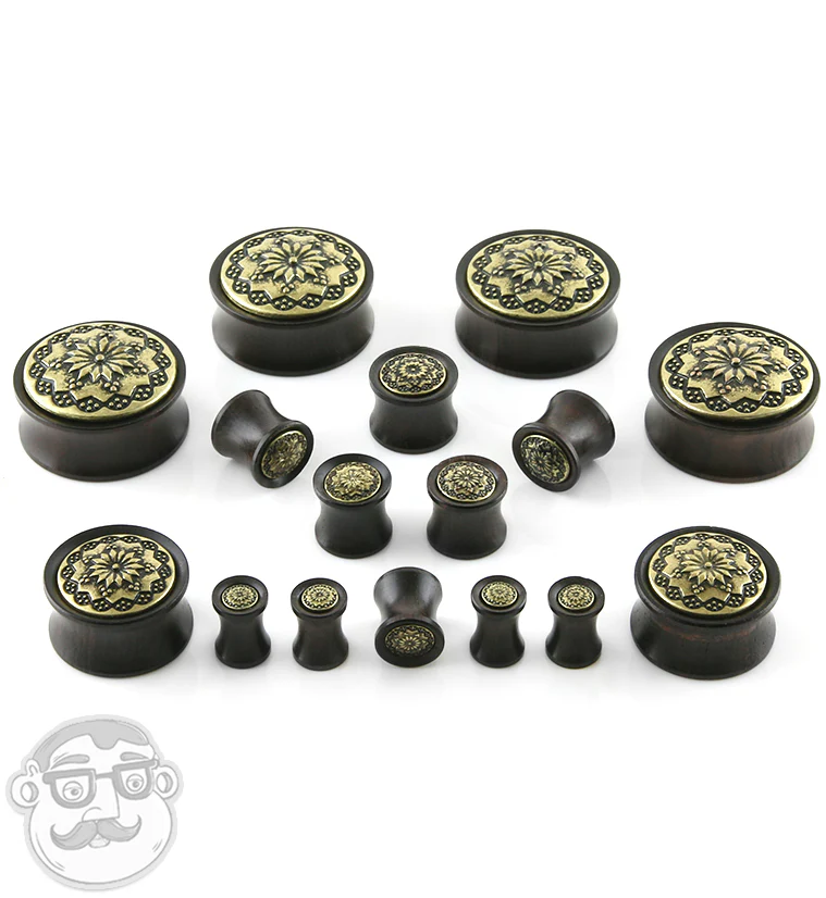 Ebony Wood Plugs With Brass Tribal Blossom Inlay - Mrs Treak