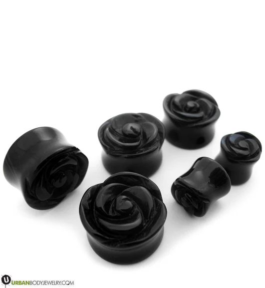 Black Agate Stone Rosebud Plugs - Mrs Treak