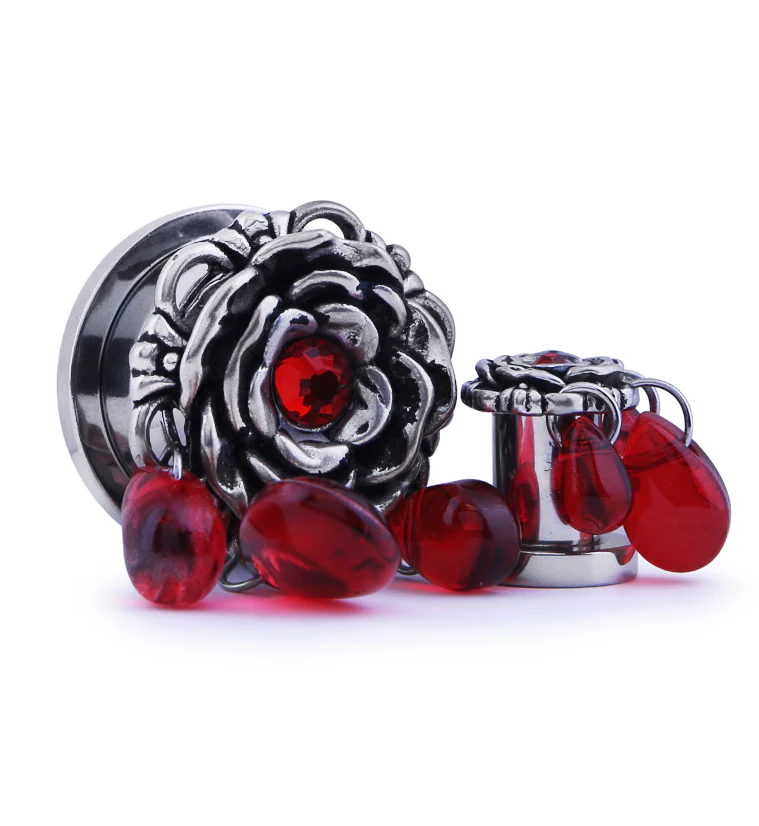 Rose Red Teardrop Dangle Stainless Steel Plugs - Mrs Treak