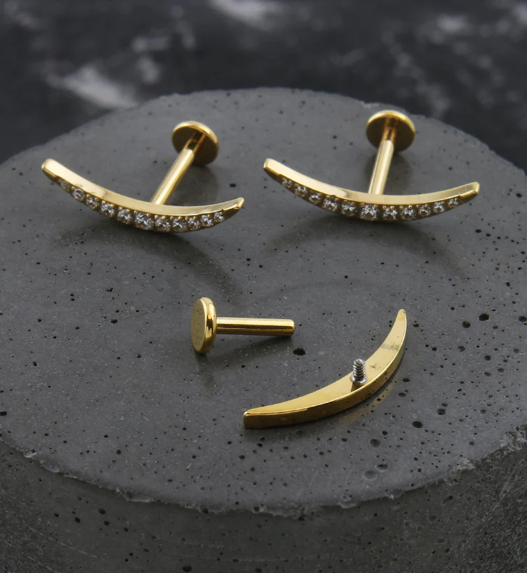 Gold PVD Camber Clear CZ Internally Threaded Titanium Labret - Mrs Treak