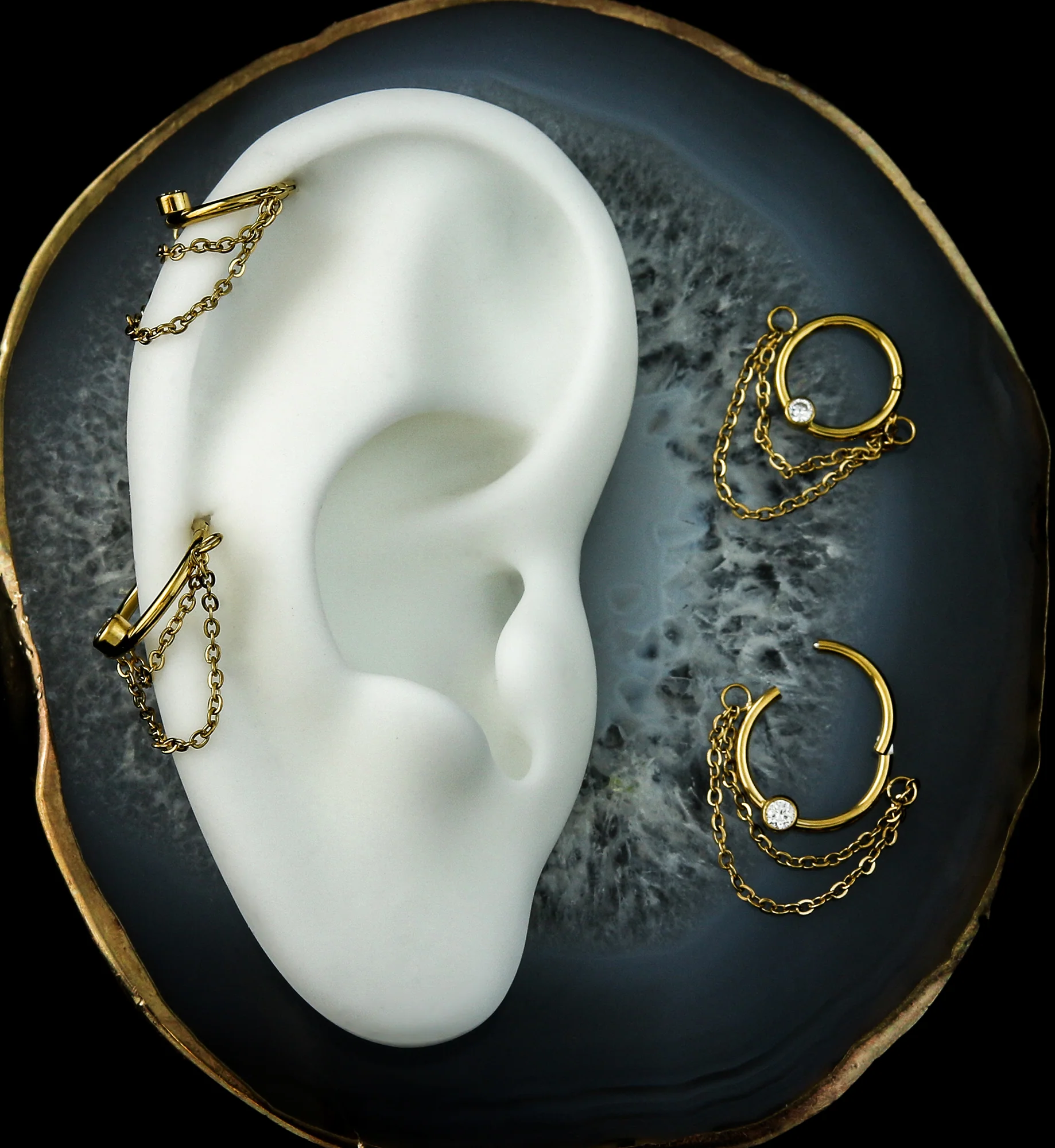 Gold PVD Double Dangle Chain Clear CZ Stainless Steel Hinged Segment Ring - Mrs Treak