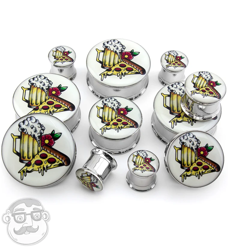 Pizza & Beer Tattoo Steel Plugs - Mrs Treak