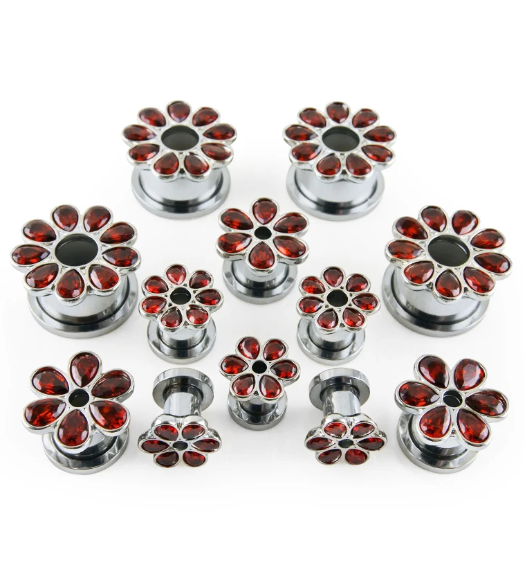 Red CZ Flower Petal Stainless Steel Tunnels - Mrs Treak