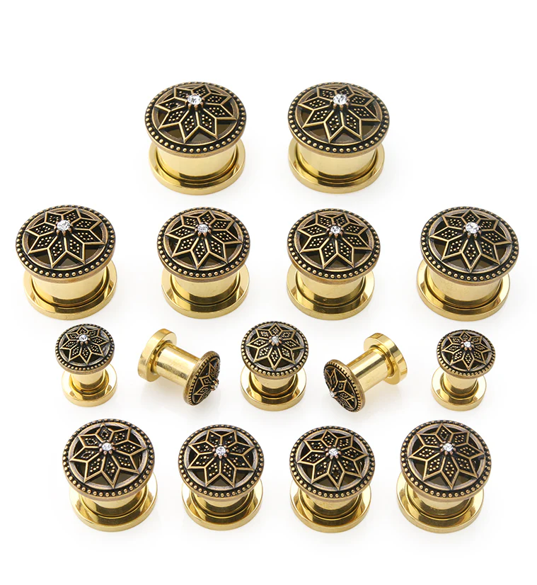 Gold PVD Relic Flower CZ Stainless Steel Tunnel Plugs - Mrs Treak