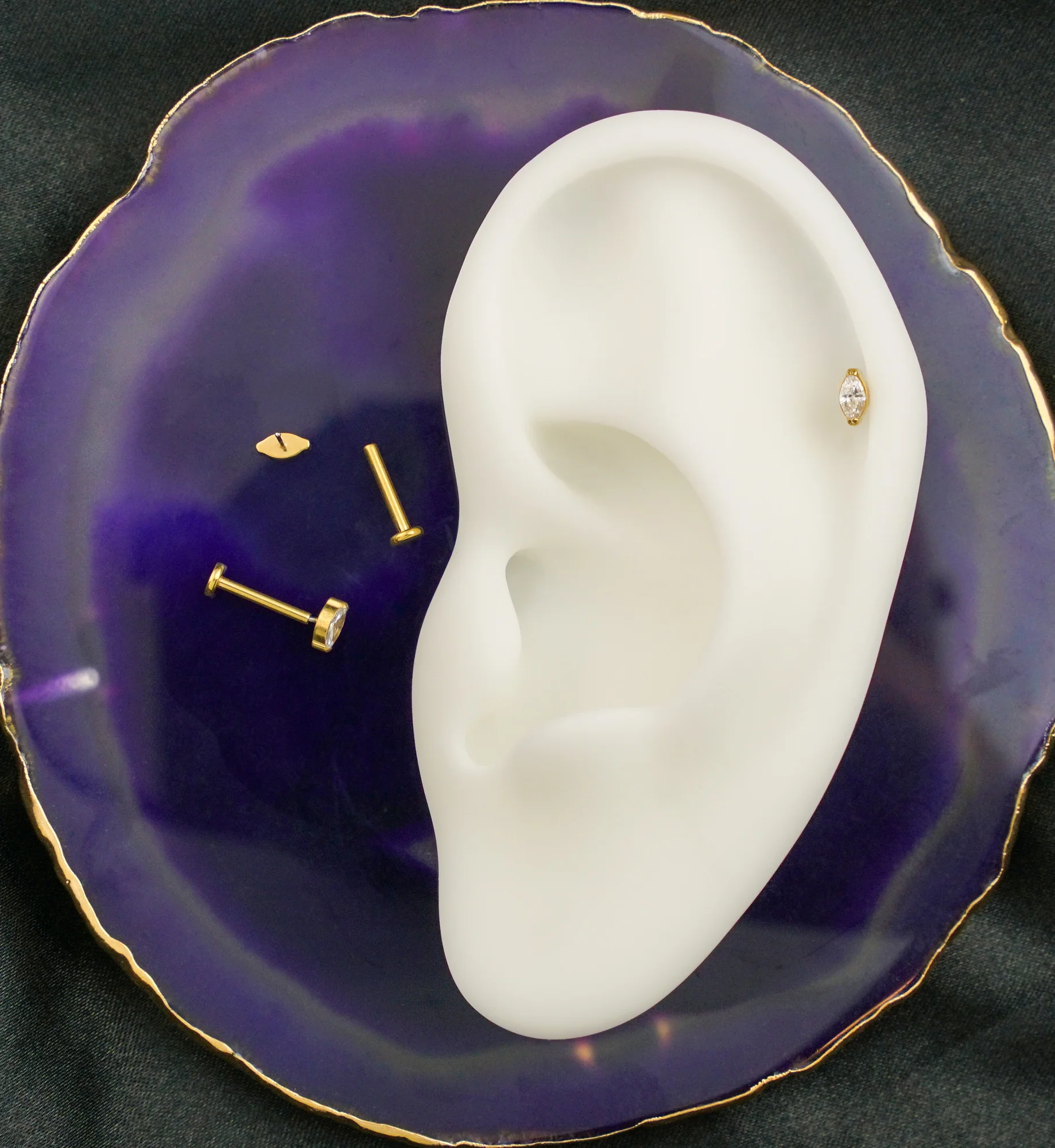 Gold PVD Marquise Clear CZ Flat Disk Threadless Labret - Mrs Treak