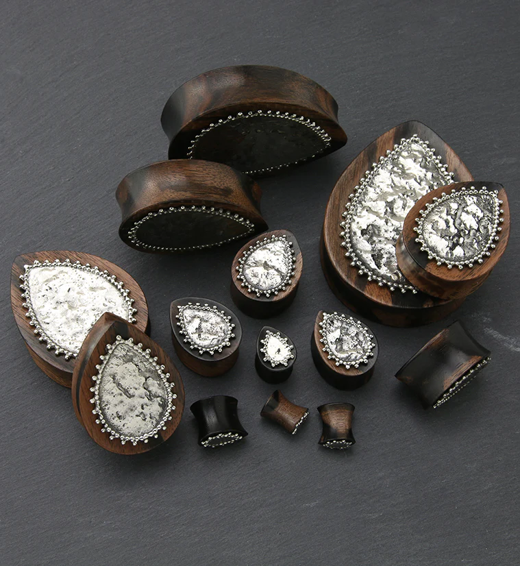 Doily White Brass Inlay Areng Wood Teardrop Plugs - Mrs Treak