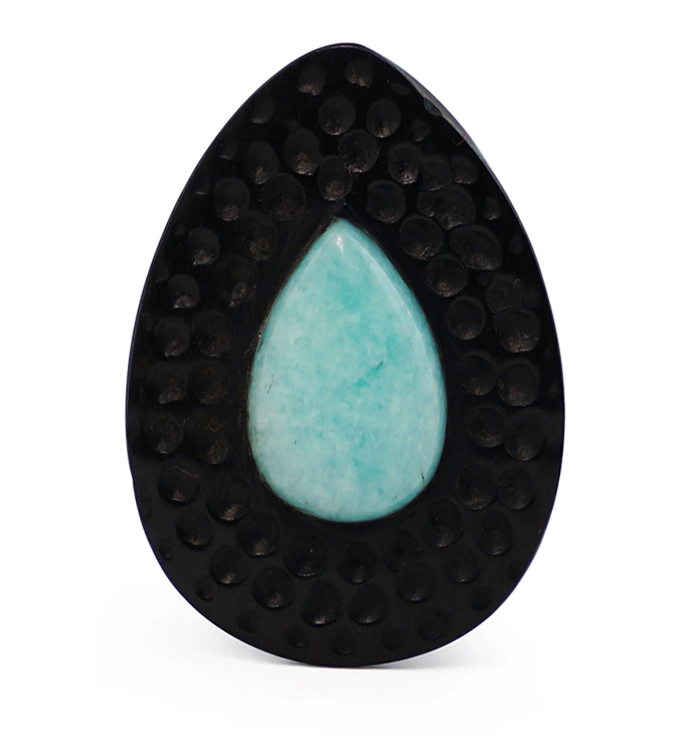 Hammered Areng Wood Teardrop Plugs with Teardrop Amazonite Stone Inlay - Mrs Treak