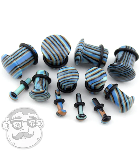 Synthetic Striped Blue Agate Stone Plugs - Single Flare - Mrs Treak