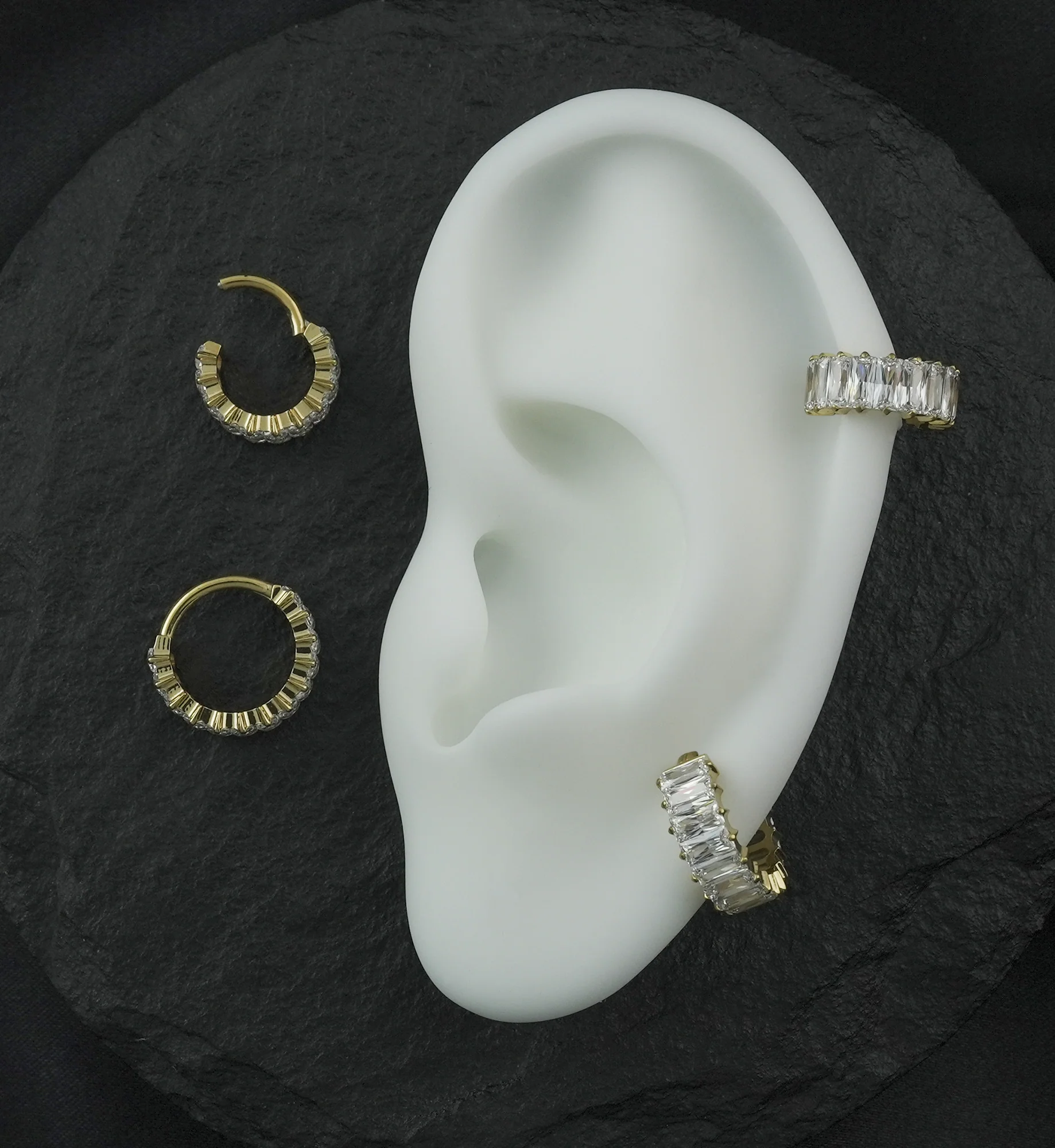 Gold PVD Thick Baguette Clear CZ Titanium Hinged Segment Ring - Mrs Treak