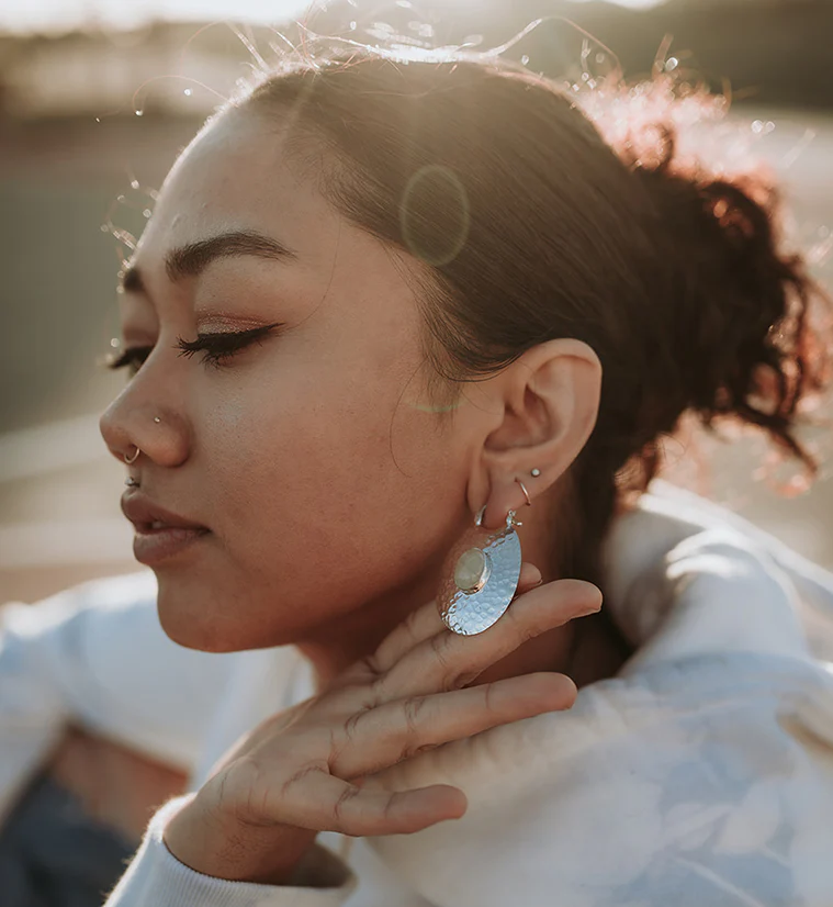 Oviform Hammered Silver Prehnite Stone Hangers - Earrings - Mrs Treak