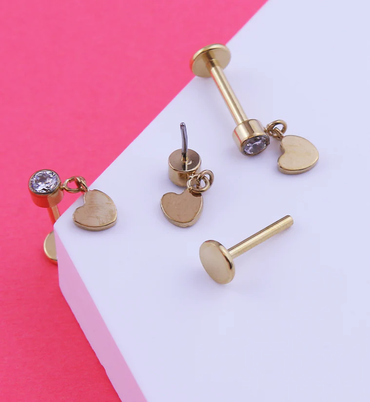Gold PVD Heart Dangle Clear CZ Titanium Threadless Labret - Mrs Treak