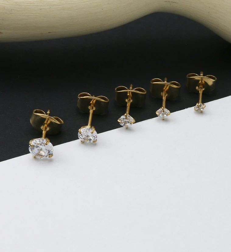 Gold PVD Prong CZ Titanium Earrings - Mrs Treak