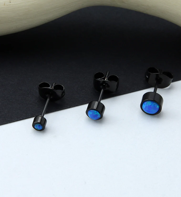 Black PVD Bezel Blue Opalite Stainless Steel Earrings - Mrs Treak