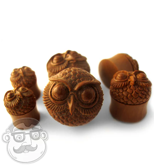 Carved Owl Wood Plugs - Mrs Treak
